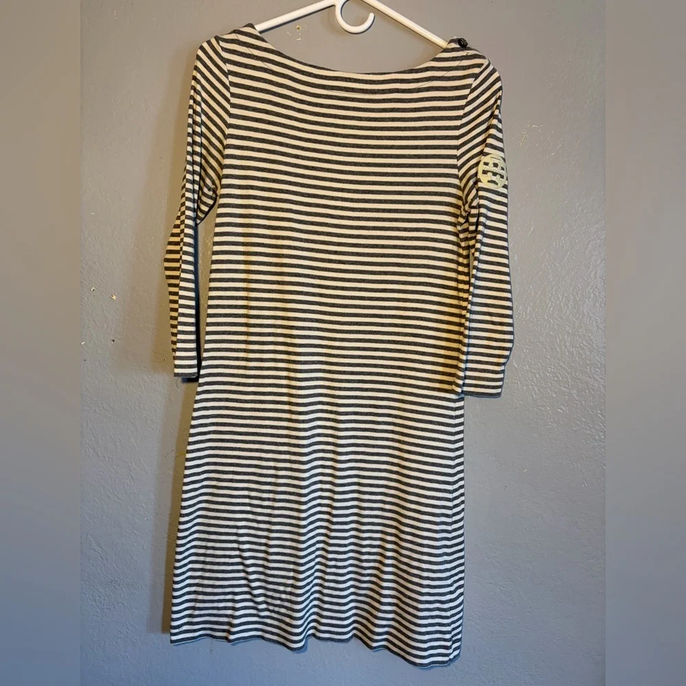 Tory Burch Boatneck Button Shoulder Dress SM Gray White Stripe 3/4 Sleeve Cotton